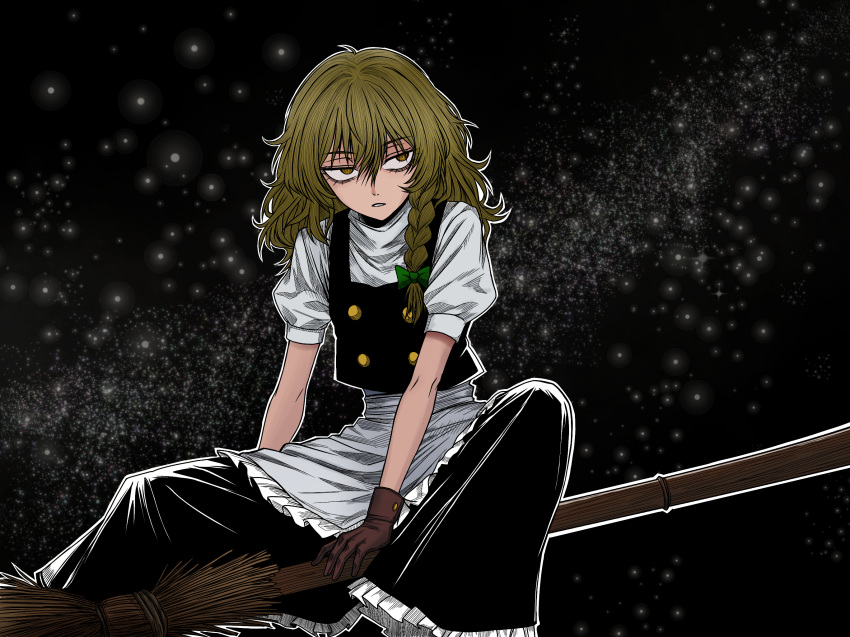 1girl, ahoge, blonde_hair, braid, broom, broom_riding, brown_gloves, dress, flat_chest, frilled_dress, frills, gloves, highres, kirisame_marisa, long_hair, looking_to_the_side, star_(sky), touhou, voyagehermitage, witch, yellow_eyes