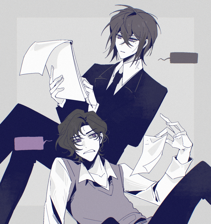 16personalities, 2boys, architect_(16personalities), black_hair, black_jacket, black_necktie, clenched_teeth, crossed_bangs