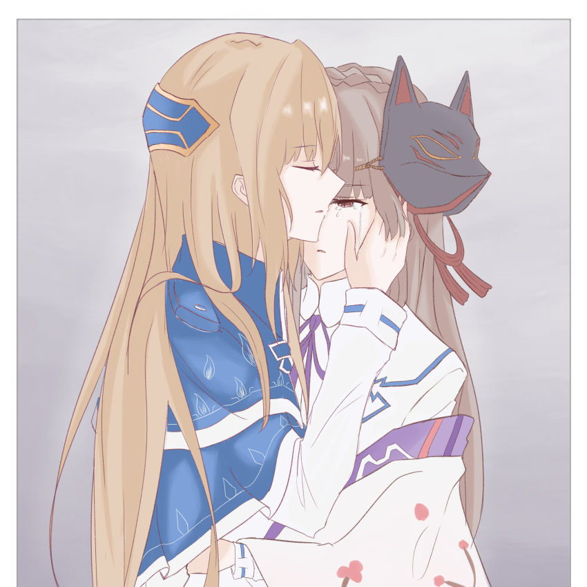 2girls, blonde_hair, braid, brown_hair, capelet, crown_braid, fox_mask, hair_ornament