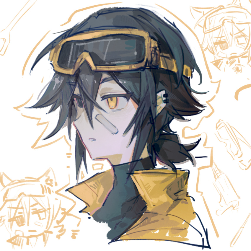 16personalities, 1boy, bandaid, bandaid_on_face, black_eyes, black_hair, black_undershirt, goggles