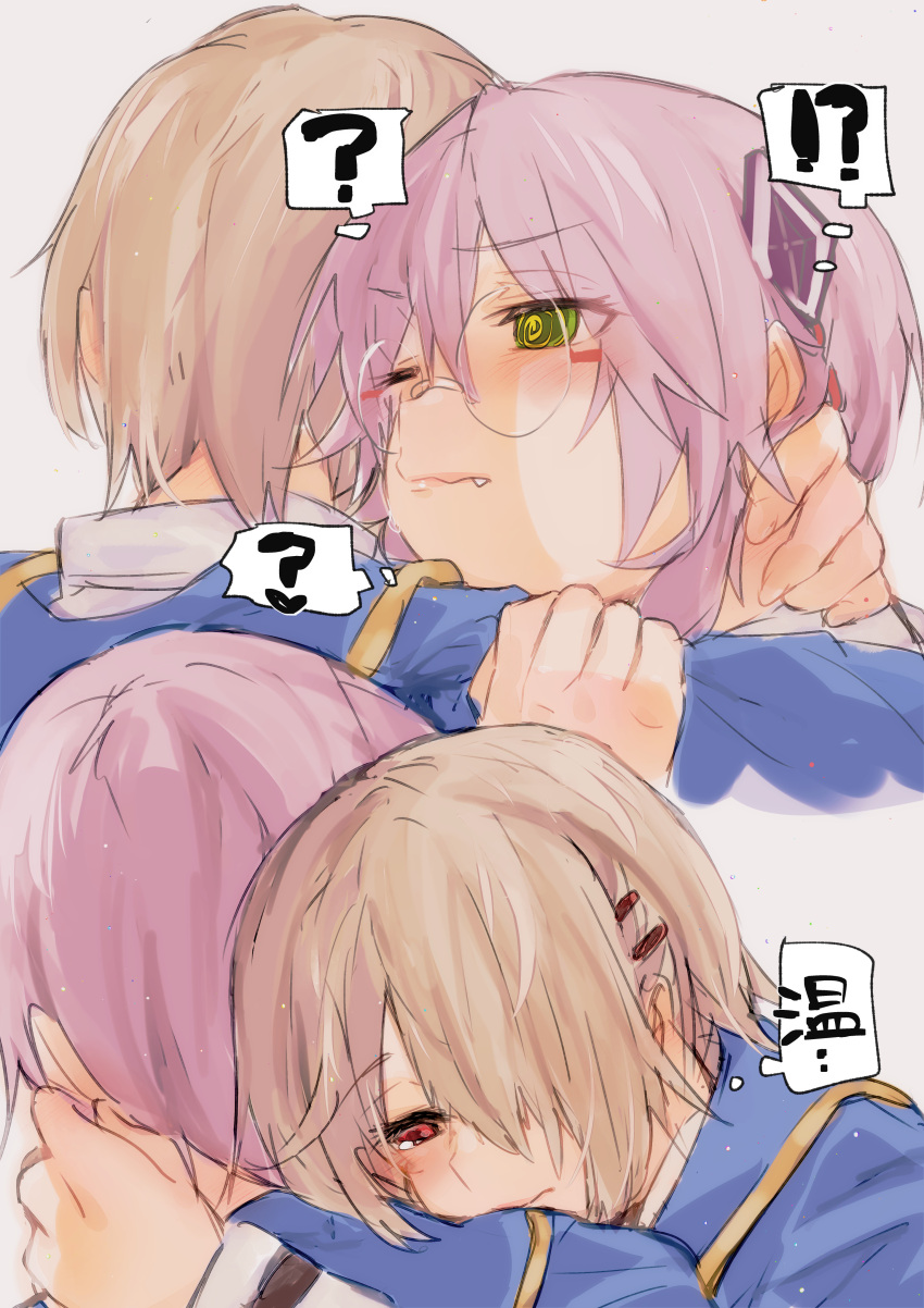 !?, 2girls, absurdres, blonde_hair, blue_jacket, blush, dometan0_0, fang, glasses, green_eyes, grey_hair, hair_ornament, hair_over_one_eye, hair_over_shoulder, hairclip, heaven_burns_red, highres, hug, izumi_yuki_(heaven_burns_red), jacket, kayamori_ruka, multiple_girls, multiple_views, red_eyes, round_eyewear, shirt, short_hair, white_shirt, yuri
