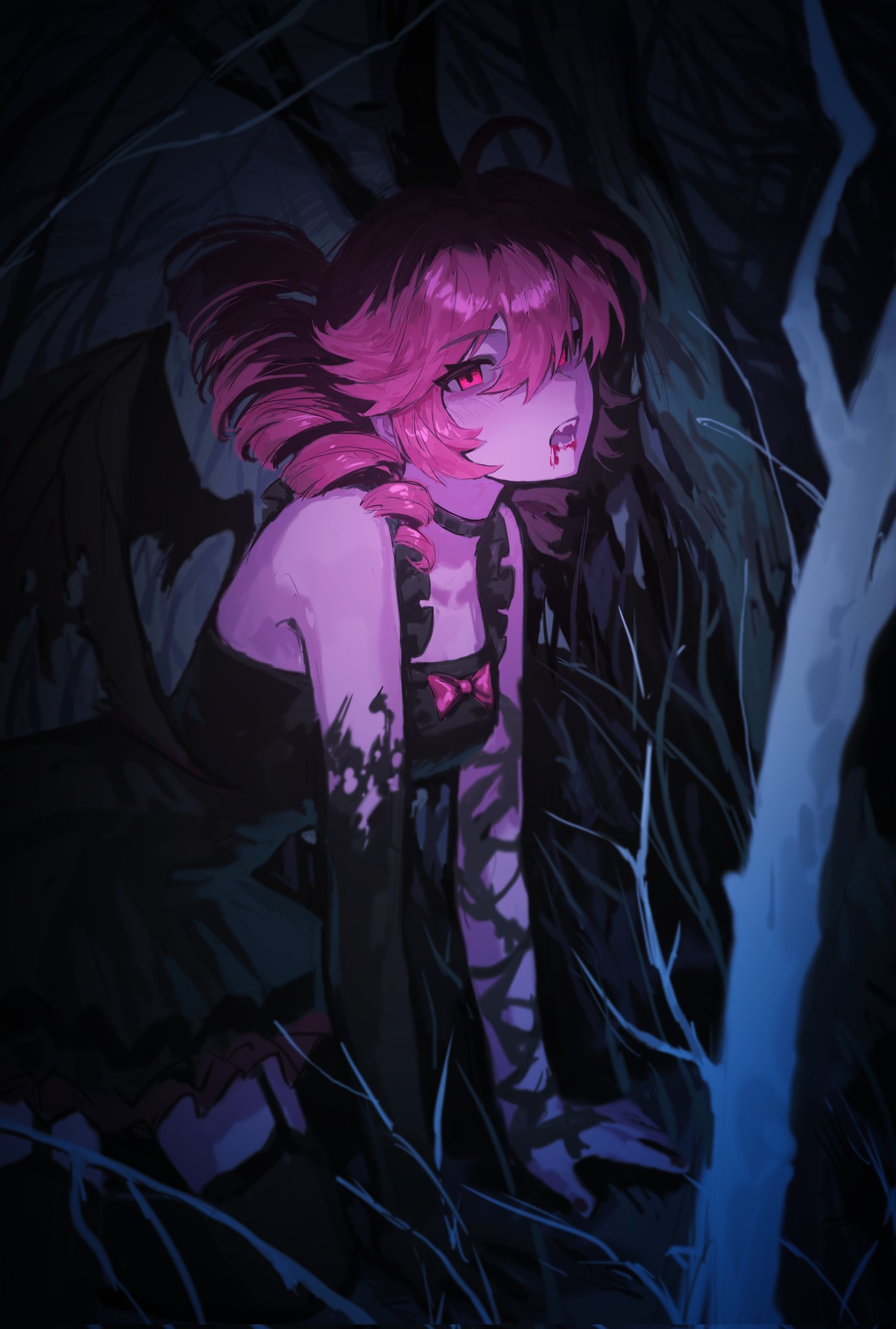 1girl, ahoge, arm_support, bat_wings, black_bridal_gauntlets, black_choker, black_dress, black_wings, blood, blood_from_mouth, bow, bridal_gauntlets, choker, dark, dress, drill_hair, fangs, forest, garter_straps, hair_between_eyes, highres, kasane_teto, kasane_teto_(halloween), madoka066, nature, night, open_mouth, outdoors, pink_eyes, pink_hair, solo, thigh-highs, torn_bridal_gautlets, torn_clothes, tree, twin_drills, twintails, utau, vampire, wings