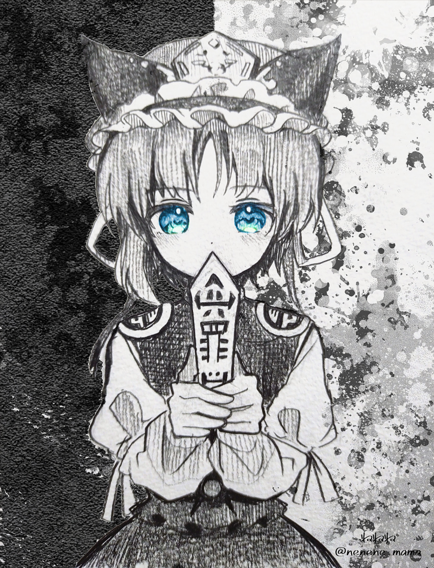 1girl, artist_name, blue_eyes, commentary, epaulettes, frilled_hat, frills, greyscale, hat, highres, holding, long_sleeves, looking_at_viewer, monochrome, nene_man, rod_of_remorse, shiki_eiki, skirt, solo, spot_color, touhou, twitter_username, vest