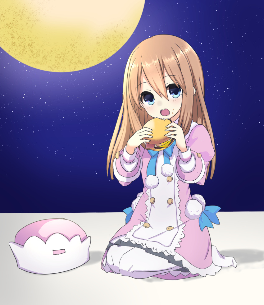 1girl, blue_bow, blue_bowtie, blue_eyes, bow, bowtie, brown_hair, burger
