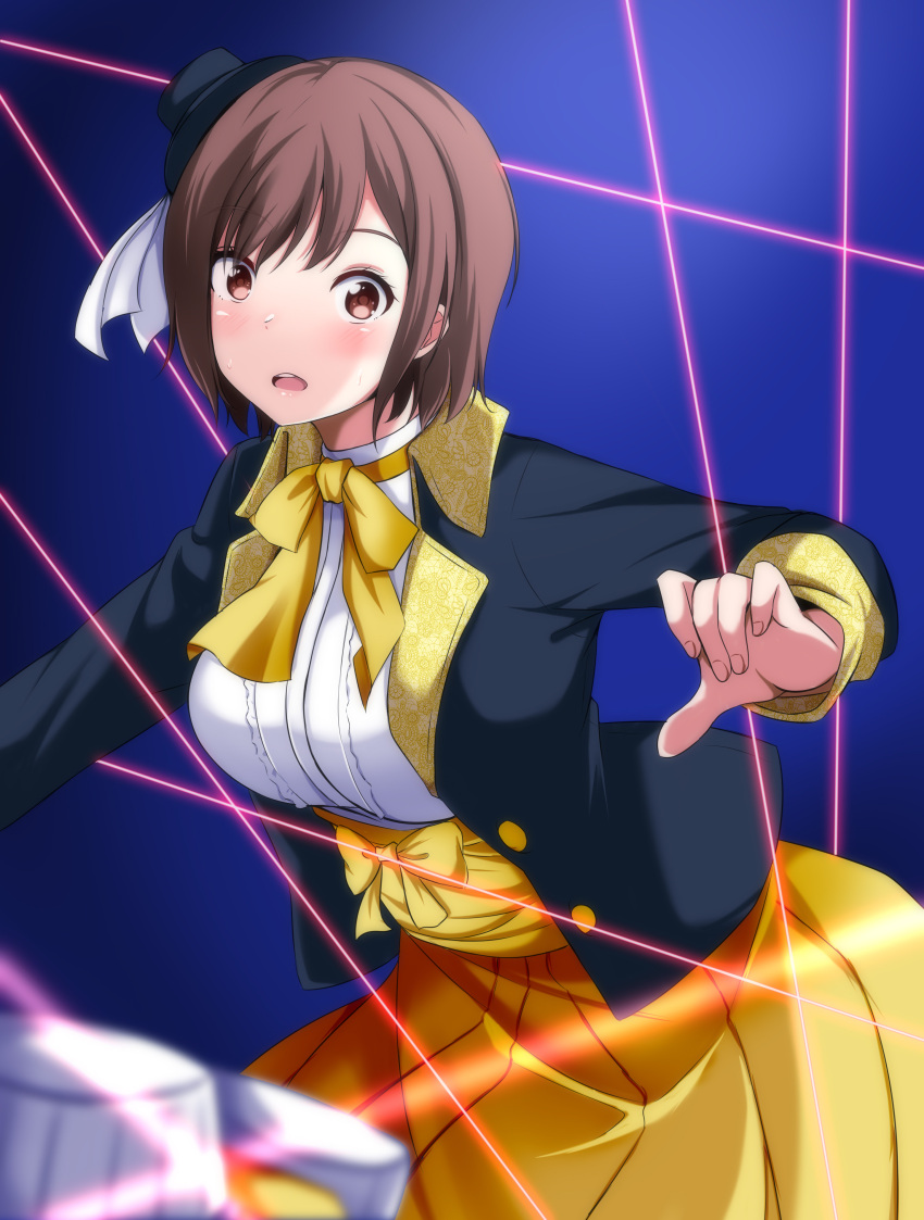 1girl, absurdres, black_jacket, blue_background, blurry, blurry_foreground, breasts, brown_hair