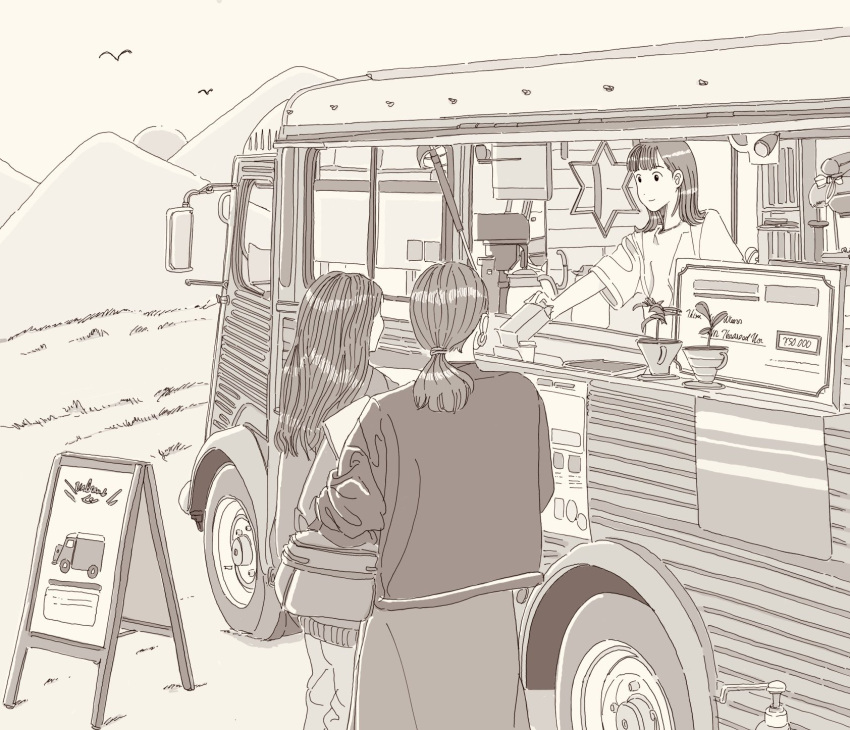 3girls, bag, coffee_maker, earrings, electric_kettle, food_truck, grass, greyscale, handbag, highres, hill, jewelry, kettle, long_hair, medium_hair, mirror, monochrome, motor_vehicle, multiple_girls, naoyuzuhiko, original, outdoors, pants, plant, ponytail, potted_plant, short_sleeves, sign, skirt, van