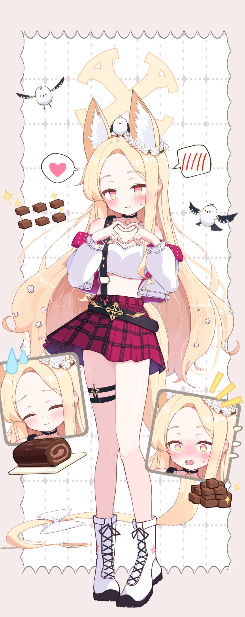 1girl, 4-finger_heart_hands, ^_^, absurdres, alternate_costume, animal_ear_fluff, animal_ears, animal_on_head, bare_shoulders, bird, bird_on_head, black_choker, blonde_hair, blue_archive, blush, bright_pupils, cake, chocolate, choker, closed_eyes, closed_mouth, commentary_request, crop_top, cross-laced_boots, ear_wreath, embarrassed, extra_ears, facing_viewer, flower, flower_wreath, food, forehead, fox_ears, fox_girl, fox_tail, frown, full_body, heart, heart_hands, highres, long_hair, long_sleeves, looking_at_viewer, midriff, miniskirt, nose_blush, notice_lines, on_head, open_mouth, parted_bangs, pink_eyes, plaid_clothes, plaid_skirt, puffy_long_sleeves, puffy_sleeves, red_skirt, seia_(blue_archive), sidelocks, simple_background, skirt, slit_pupils, smile, solo, speech_bubble, spoken_blush, spoken_heart, standing, straight_hair, sweatdrop, swiss_roll, tail, thigh_strap, tsetainsu, two-tone_eyes, valentine, very_long_hair, wavy_mouth, white_background, white_bird, white_boots, white_flower, white_pupils, yellow_eyes
