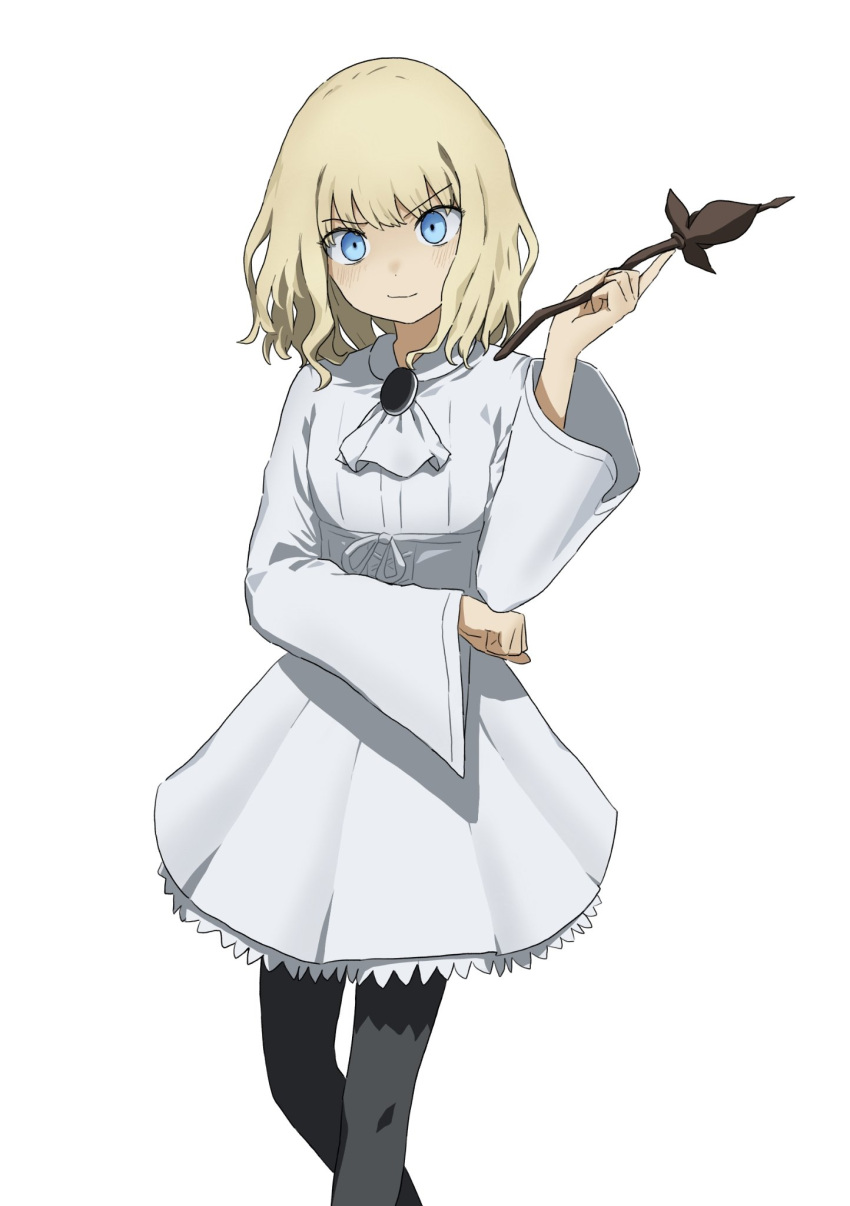 1girl, ascot, black_pantyhose, blonde_hair, blue_eyes, child, dress, highres, holding, holding_wand, leivinia_birdway, long_sleeves, looking_at_viewer, medium_hair, pantyhose, smile, tatararashi, toaru_majutsu_no_index, toaru_majutsu_no_index:_new_testament, wand, white_ascot, white_background, white_dress, wide_sleeves