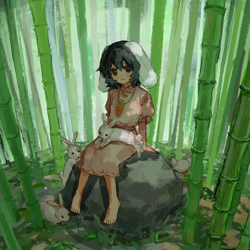 1girl, absurdres, animal_ears, arm_support, b_nosk101, bamboo, bamboo_forest, bare_legs