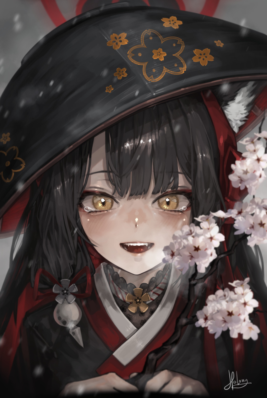 1girl, absurdres, animal_ear_fluff, animal_ears, black_hair, black_hat, black_kimono, blue_archive