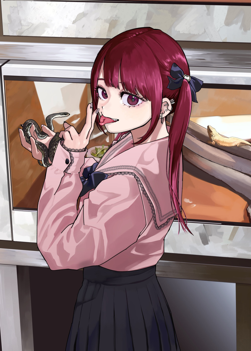 1girl, absurdres, animal, black_bow, black_skirt, blouse, bow, ear_piercing
