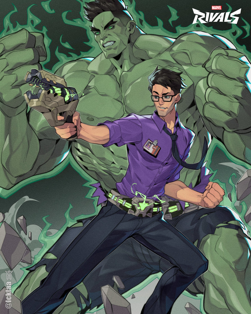 2boys, absurdres, armor, avengers_(series), black_hair, brown_hair, bruce_banner, colored_skin