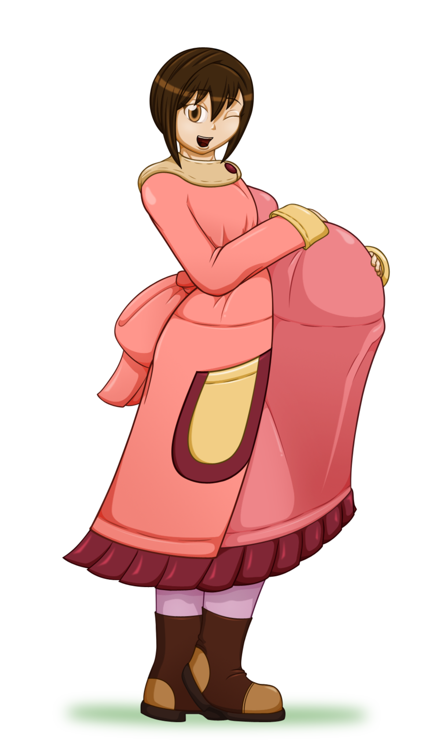 1girl, bad_id, bokujou_monogatari, bokujou_monogatari:_waku_waku_animal_march, brown_boots, brown_eyes, brown_hair, dress