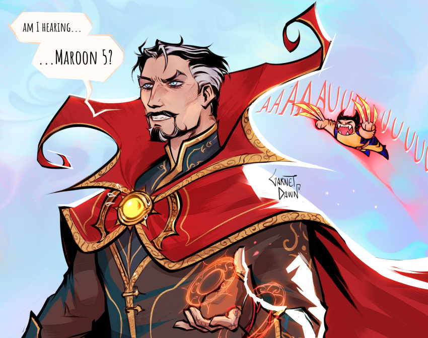 2boys, black_hair, bodysuit, cape, cloak, doctor_strange, doctor_strange_(series), eye_of_agamotto
