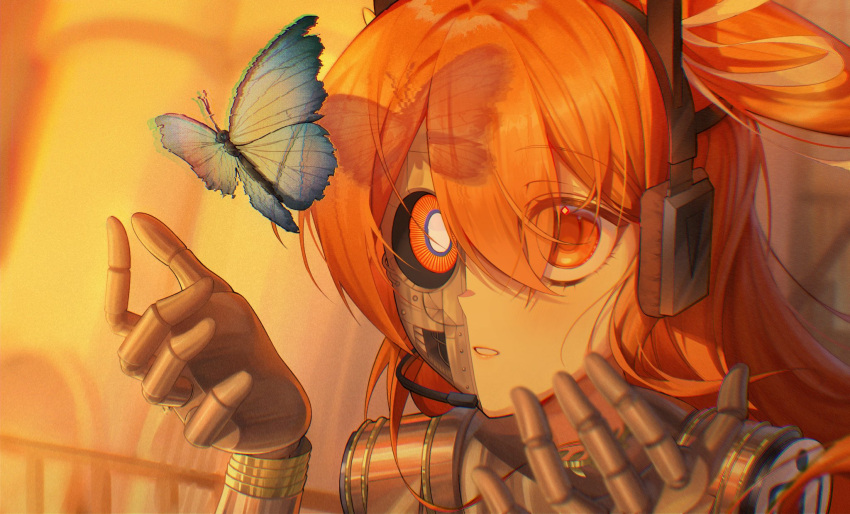1girl, a.i._voice, adachi_rei, android, blue_butterfly, bug, butterfly, english_commentary