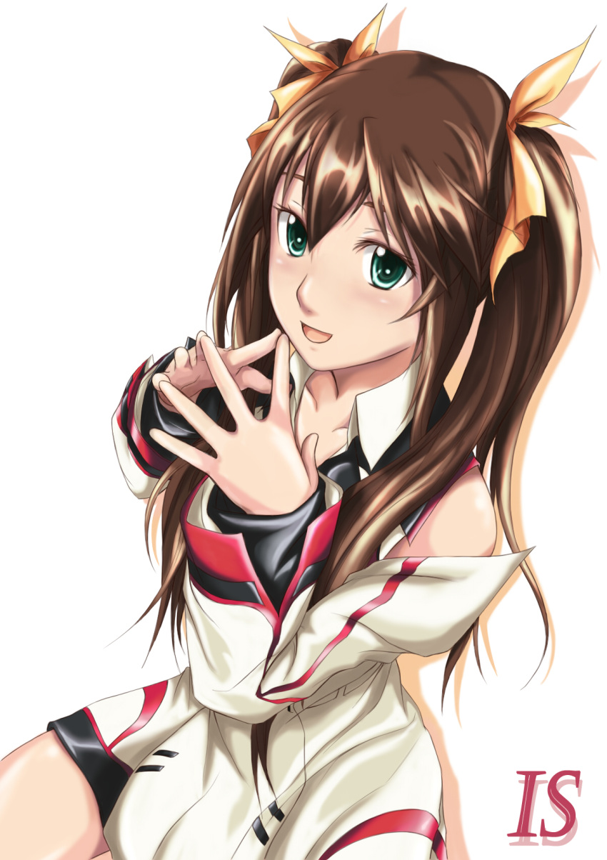 blush, brown_hair, detached_sleeves, fang_lin_yin, green_eyes, hair_ribbon, highres, huang_lingyin