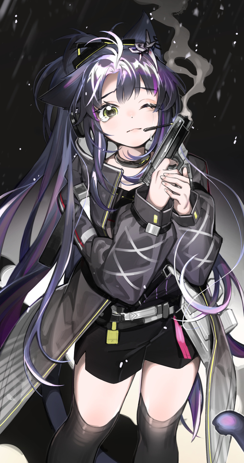 1girl, a_mi_de_yesheng_dongwuyuan, absurdres, animal_ears, arknights, black_coat, black_shorts, black_thighhighs, chinese_commentary, closed_mouth, coat, commentary_request, crying, feet_out_of_frame, green_eyes, gun, handgun, headset, highres, holding, holding_gun, holding_weapon, jessica_(arknights), jessica_the_liberated_(arknights), long_hair, long_sleeves, looking_at_viewer, microphone, one_eye_closed, outdoors, purple_hair, purple_tail, rain, shorts, smoke, smoking_barrel, solo, standing, tail, tears, thigh-highs, weapon