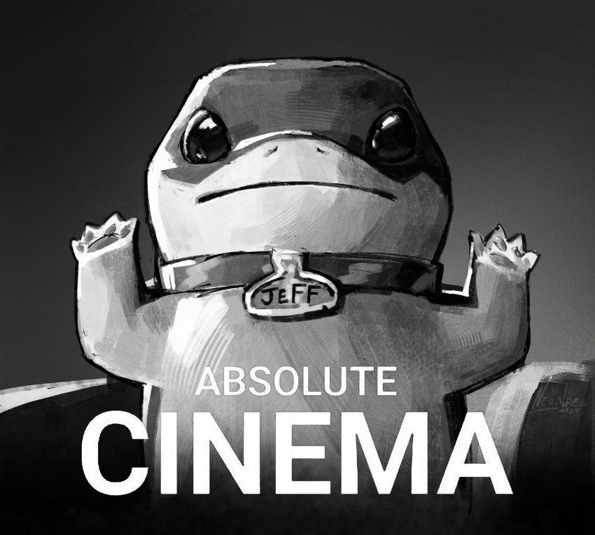 1boy, absolute_cinema_(meme), animal, animal_collar, collar, highres, jeff_the_land_shark, looking_at_viewer