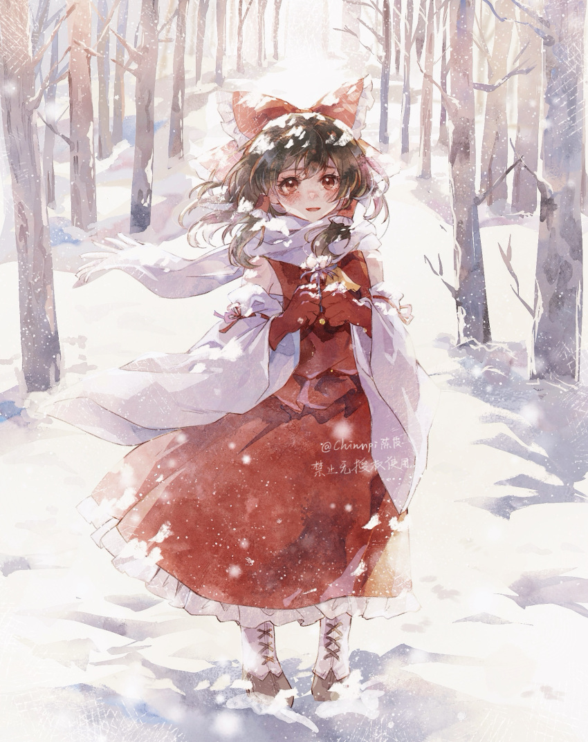1girl, artist_name, ascot, blush, bow, brown_hair, chinnpi, commentary_request