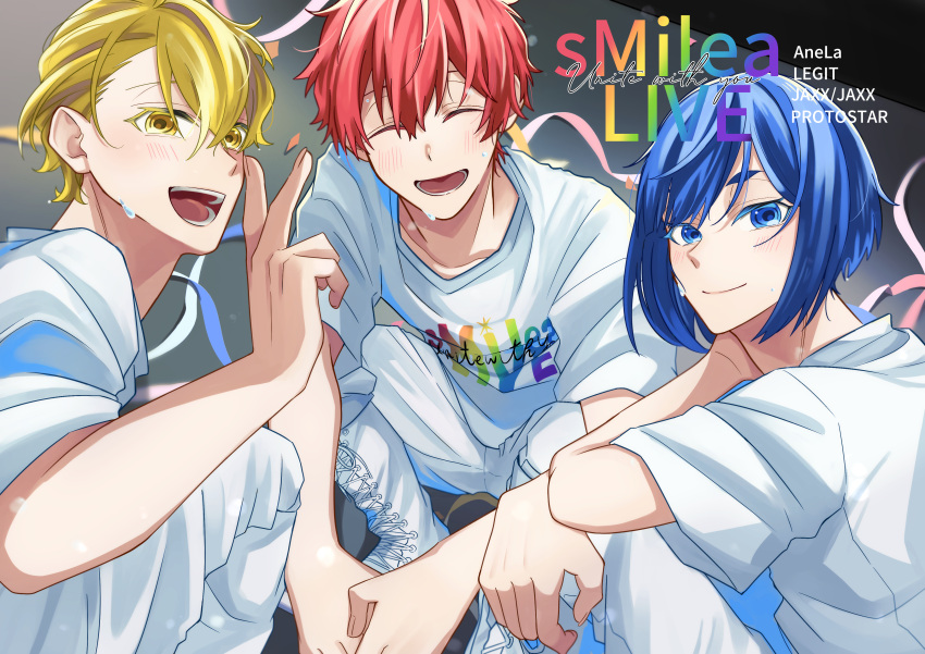 3boys, absurdres, blue_eyes, blue_hair, blue_ribbon, blush, closed_eyes, hand_up, highres, isuzugawa_chihiro, kiyose_akira, konatsu_(04_konatsu), looking_at_viewer, multiple_boys, naoe_banri, pink_ribbon, protostar_(uniteup!), red_hair, ribbon, shirt, short_hair, smile, squatting, sweat, uniteup!, v, white_shirt, white_shoes, yellow_eyes