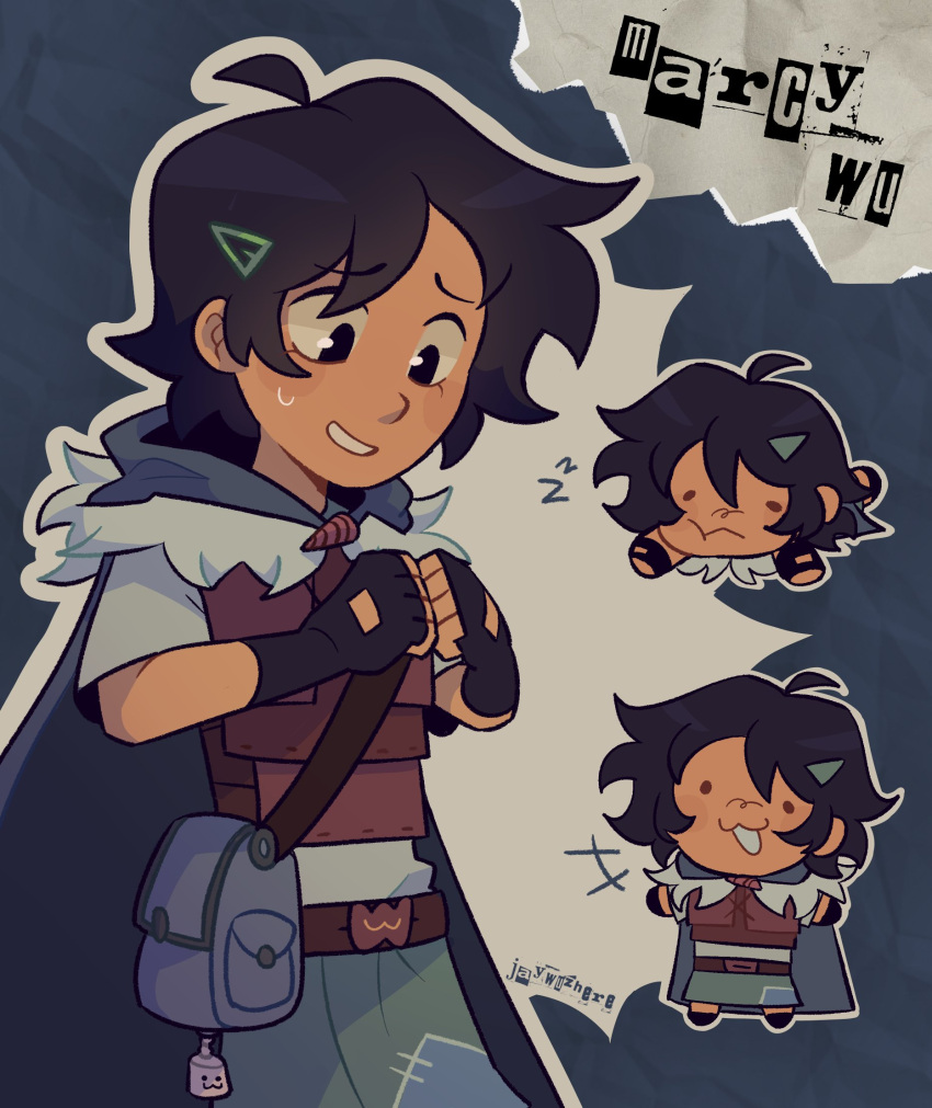1girl, amphibia, armor, bag, black_eyes, black_hair, blue_cape, breastplate