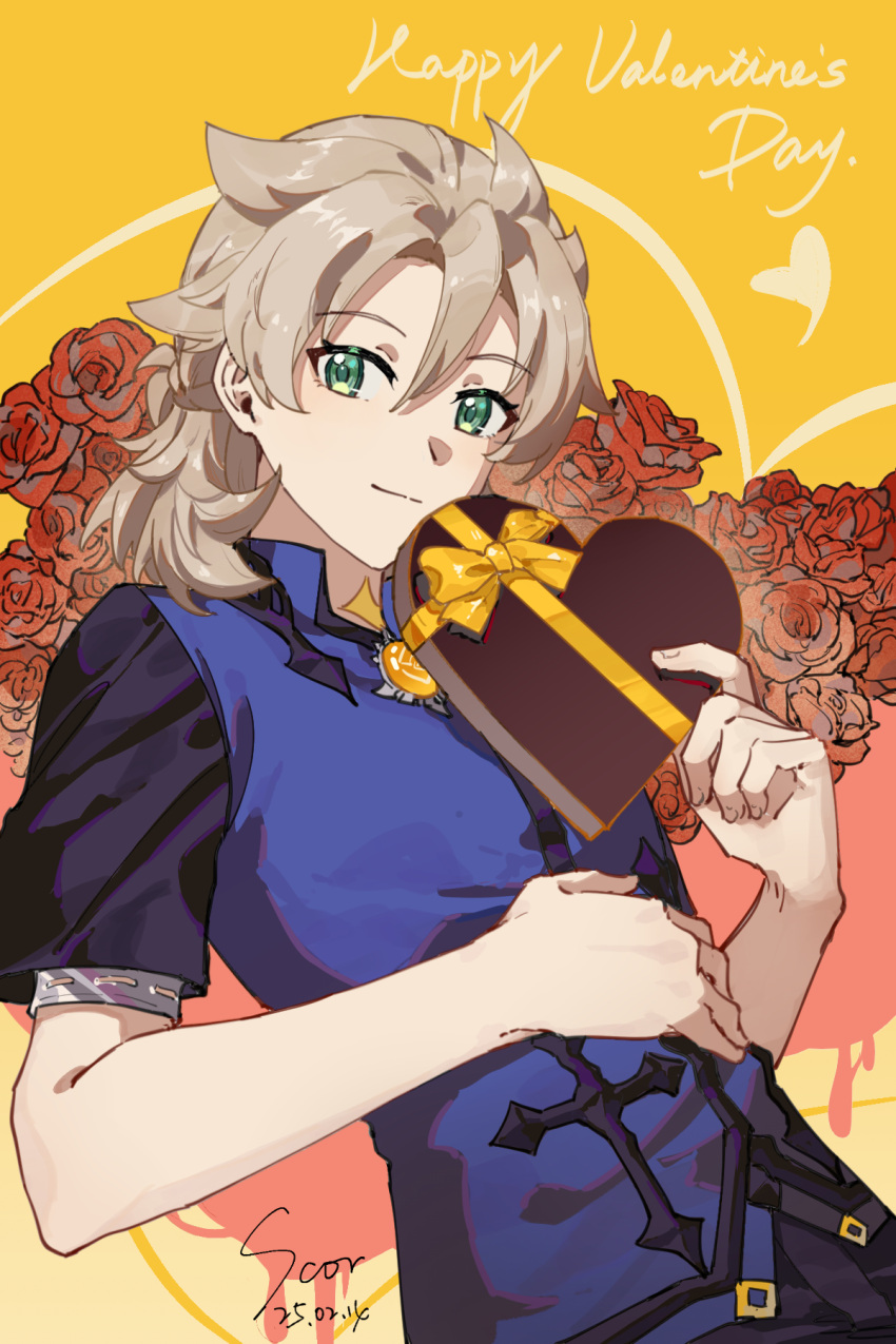 1boy, albedo_(genshin_impact), artist_name, black_shirt, blue_vest, bow, box, box_of_chocolates