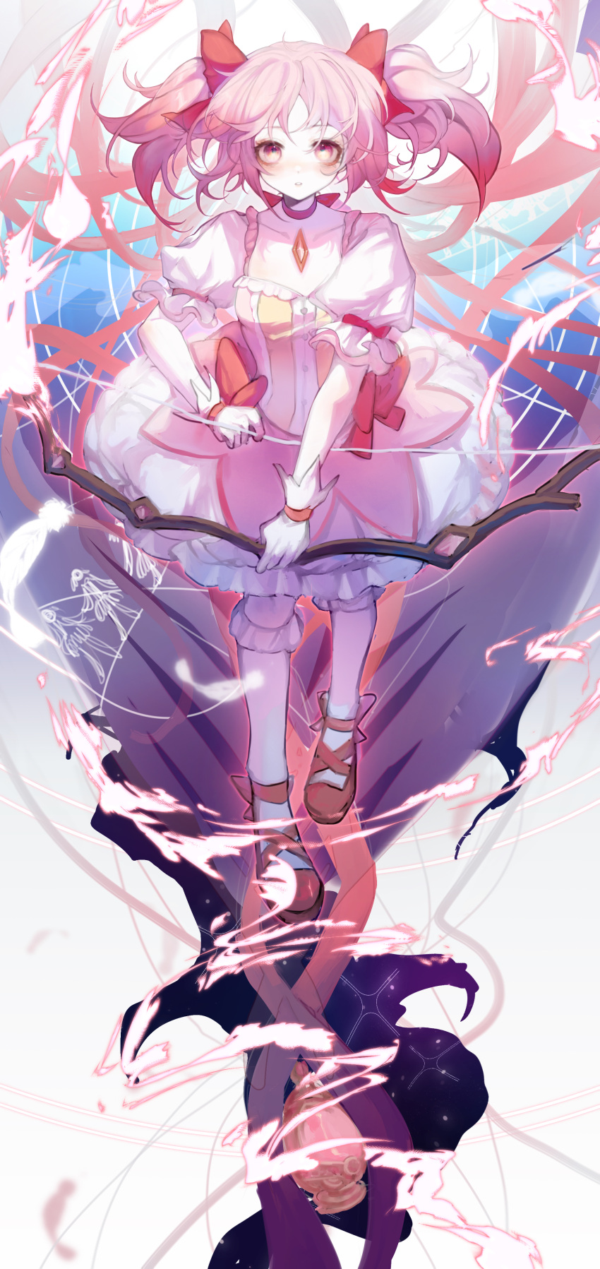 1girl, absurdres, ahehehe, blush, bow, bubble_skirt, chest_jewel, choker, collarbone, frilled_socks, frills, gloves, hair_bow, highres, kaname_madoka, kaname_madoka_(magical_girl), kneehighs, looking_at_viewer, magical_girl, mahou_shoujo_madoka_magica, parted_lips, pink_eyes, pink_hair, puffy_short_sleeves, puffy_sleeves, red_bow, red_shoes, ribbon_choker, short_hair, short_sleeves, short_twintails, skirt, socks, solo, twintails, white_gloves, white_socks