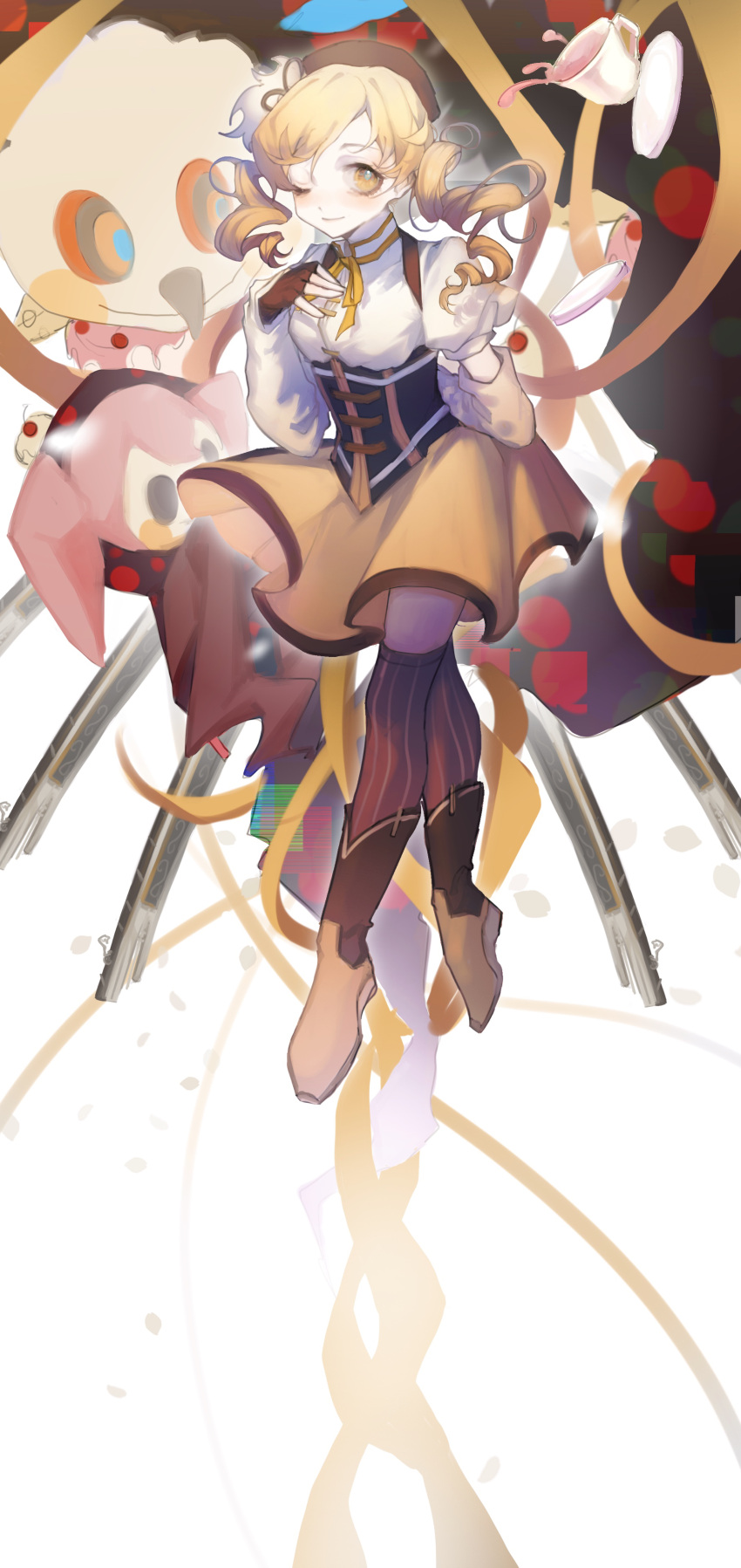 1girl, absurdres, ahehehe, arm_behind_back, beret, black_gloves, black_thighhighs, black_trim, blonde_hair, boots, charlotte_(madoka_magica), closed_mouth, corset, cup, detached_sleeves, drill_hair, fingerless_gloves, gloves, gun, hair_ornament, hand_on_own_chest, hat, highres, long_hair, magical_girl, mahou_shoujo_madoka_magica, mahou_shoujo_madoka_magica_(anime), neck_ribbon, one_eye_closed, puffy_short_sleeves, puffy_sleeves, ribbon, short_sleeves, skirt, smile, solo, striped_clothes, striped_thighhighs, teacup, thigh-highs, tomoe_mami, tomoe_mami_(magical_girl), twin_drills, vertical-striped_clothes, vertical-striped_thighhighs, weapon, witch_(madoka_magica), yellow_eyes, yellow_ribbon, yellow_skirt