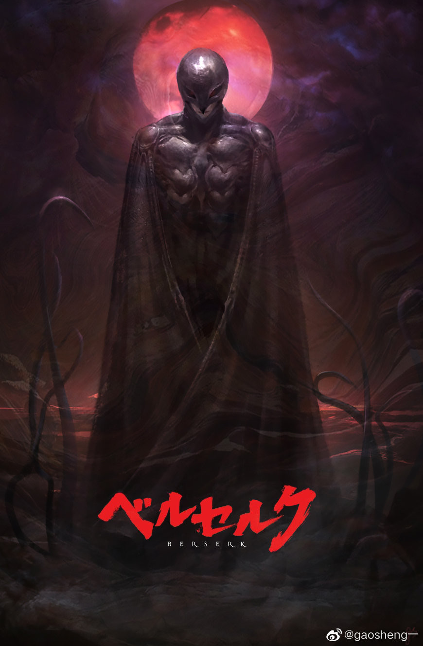 1boy, armor, berserk, black_cape, black_helm, cape, closed_mouth, copyright_name, expressionless, femto_(berserk), fire, fog, full_armor, full_body, full_moon, gao_sheng, griffith_(berserk), highres, logo, male_focus, moon, night, night_sky, outdoors, poster_(medium), realistic, red_moon, sky, solo, standing, straight-on, watermark, weibo_watermark