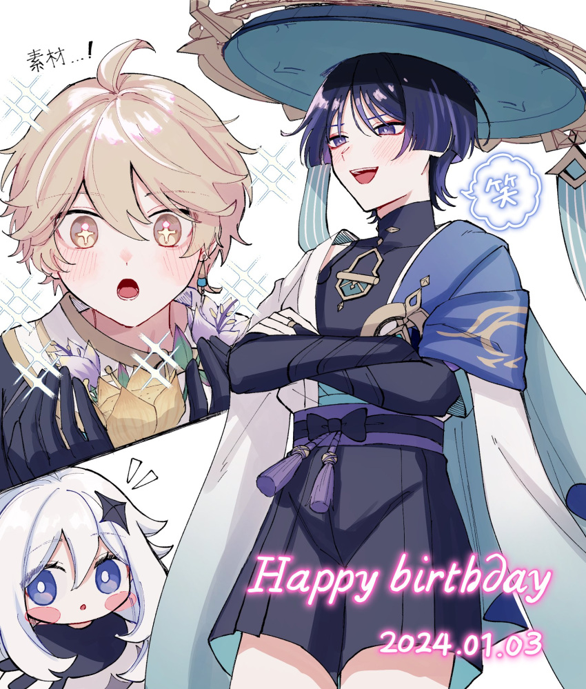 +_+, 1girl, 2boys, aether_(genshin_impact), ahoge, aqua_gemstone, belt, bishie_sparkle