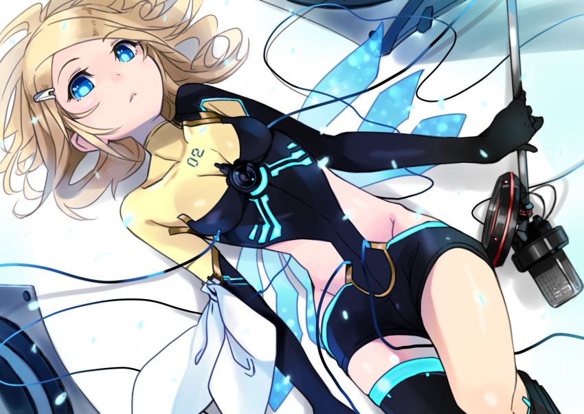 7g, blonde_hair, blue_eyes, body_suit, dutch_angle, hairclip, highres, kagamine_rin