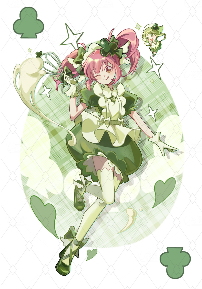 2girls, ;q, ace_(playing_card), ace_of_clubs, amulet_clover, apron, battle, bow, brown_eyes, bubble_skirt, card, chen_quming_hao_nan, chibi, chinese_commentary, closed_mouth, club_(shape), club_hair_ornament, commentary_request, cross-laced_shoes, dress, egg, eyelashes, footwear_bow, frilled_apron, frilled_sleeves, frills, full_body, gloves, green_apron, green_bow, green_dress, green_eyes, green_gloves, green_hair, green_shoes, green_theme, hair_bow, hands_on_own_cheeks, hands_on_own_face, happy, heart, high_heels, highres, hinamori_amu, holding, holding_whisk, leg_up, light_blush, looking_at_another, looking_at_viewer, magical_girl, maid, maid_headdress, multiple_girls, one_eye_closed, pink_hair, playing_card, puffy_short_sleeves, puffy_sleeves, pumps, short_dress, short_hair, short_sleeves, short_twintails, shugo_chara!, skirt, smile, sparkle, suu_(shugo_chara!), tareme, tongue, tongue_out, twintails, waist_bow, watermark, watermark_grid, whisk, white_background