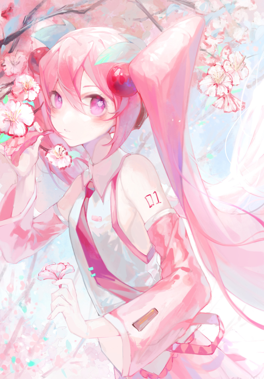1girl, ahehehe, blush, cherry, cherry_blossoms, cherry_hair_ornament, detached_sleeves, flower