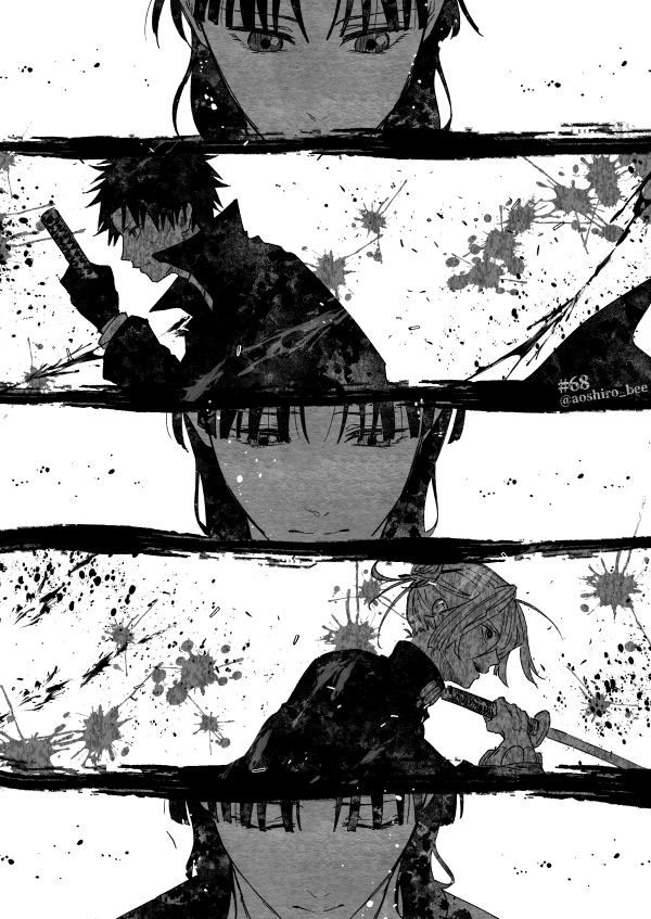 1girl, 2boys, aoshiro_(aoshiro_bee), blood, blood_splatter, greyscale, hiruhiko_(kagurabachi), holding