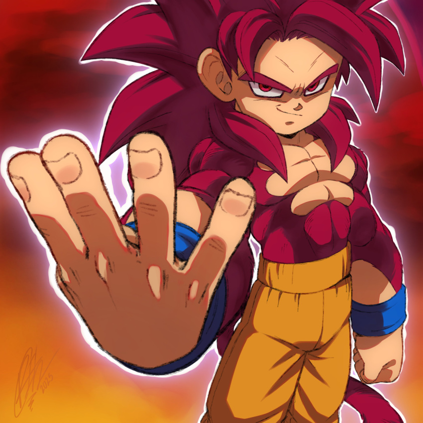 1boy, absurdres, body_fur, clenched_hand, cowboy_shot, dragon_ball, dragon_ball_daima, hand_focus, highres, long_hair, male_focus, monkey_tail, orange_pants, pants, red_background, red_eyes, red_fur, red_hair, red_tail, ritchell-innocent, smirk, solo, son_goku, spiky_hair, super_saiyan, super_saiyan_4, tail