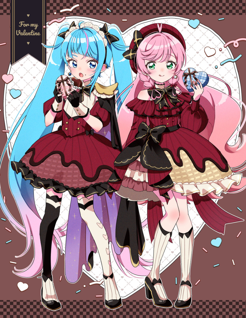 2girls, :q, ahoge, alternate_costume, asymmetrical_legwear, blue_eyes, blue_hair, bow, box, braid, buttons, checkered_background, chocolate, chocolate_on_face, circle_skirt, closed_mouth, cure_prism, cure_sky, detached_sleeves, double-breasted, dress, earrings, english_text, fingerless_gloves, fold-over_socks, food, food_on_face, frilled_dress, frills, full_body, gloves, gradient_hair, green_eyes, hair_bow, hair_flaps, hairband, heart-shaped_box, high_heels, highres, hirogaru_sky!_precure, holding, holding_box, izumi_kirifu, jewelry, kneehighs, long_hair, long_sleeves, looking_at_viewer, mismatched_legwear, multicolored_hair, multiple_girls, nijigaoka_mashiro, off-shoulder_dress, off_shoulder, open_mouth, pink_hair, precure, puffy_long_sleeves, puffy_short_sleeves, puffy_sleeves, red_dress, shoes, short_sleeves, side_braid, single_braid, smile, socks, sora_harewataru, standing, streaked_hair, thigh-highs, tongue, tongue_out, twintails, two-tone_hair, valentine, very_long_hair, wrist_cuffs