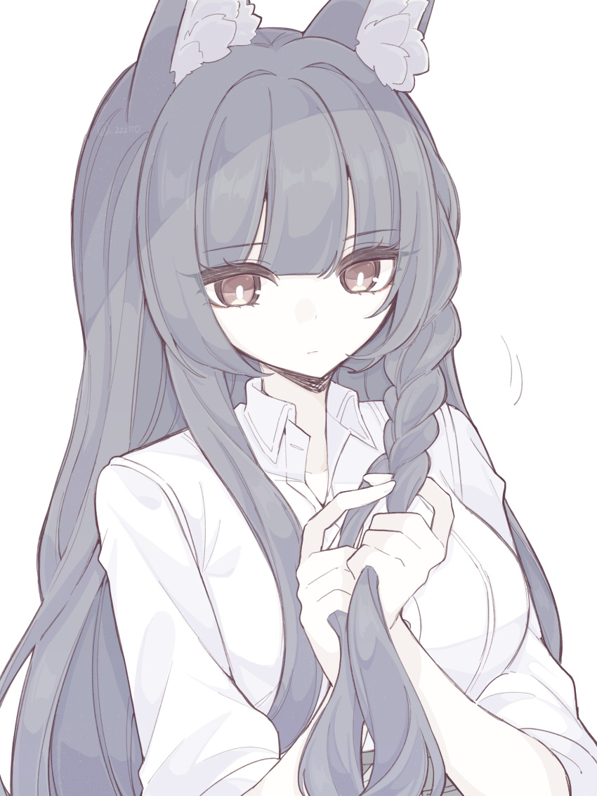 1girl, absurdres, animal_ears, black_hair, braid, braiding_hair, fox_ears, fox_girl