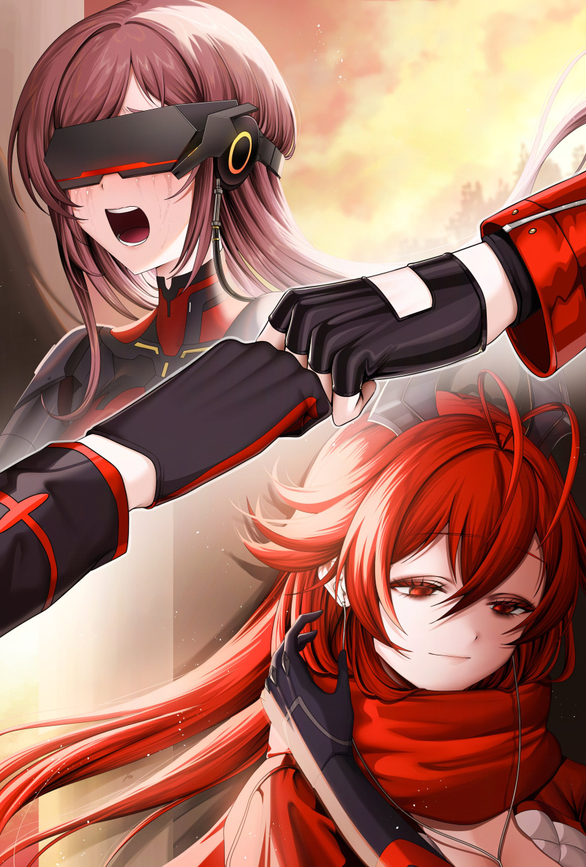 2girls, absurdres, black_gloves, bodysuit, breasts, brown_hair, crying, empty_eyes