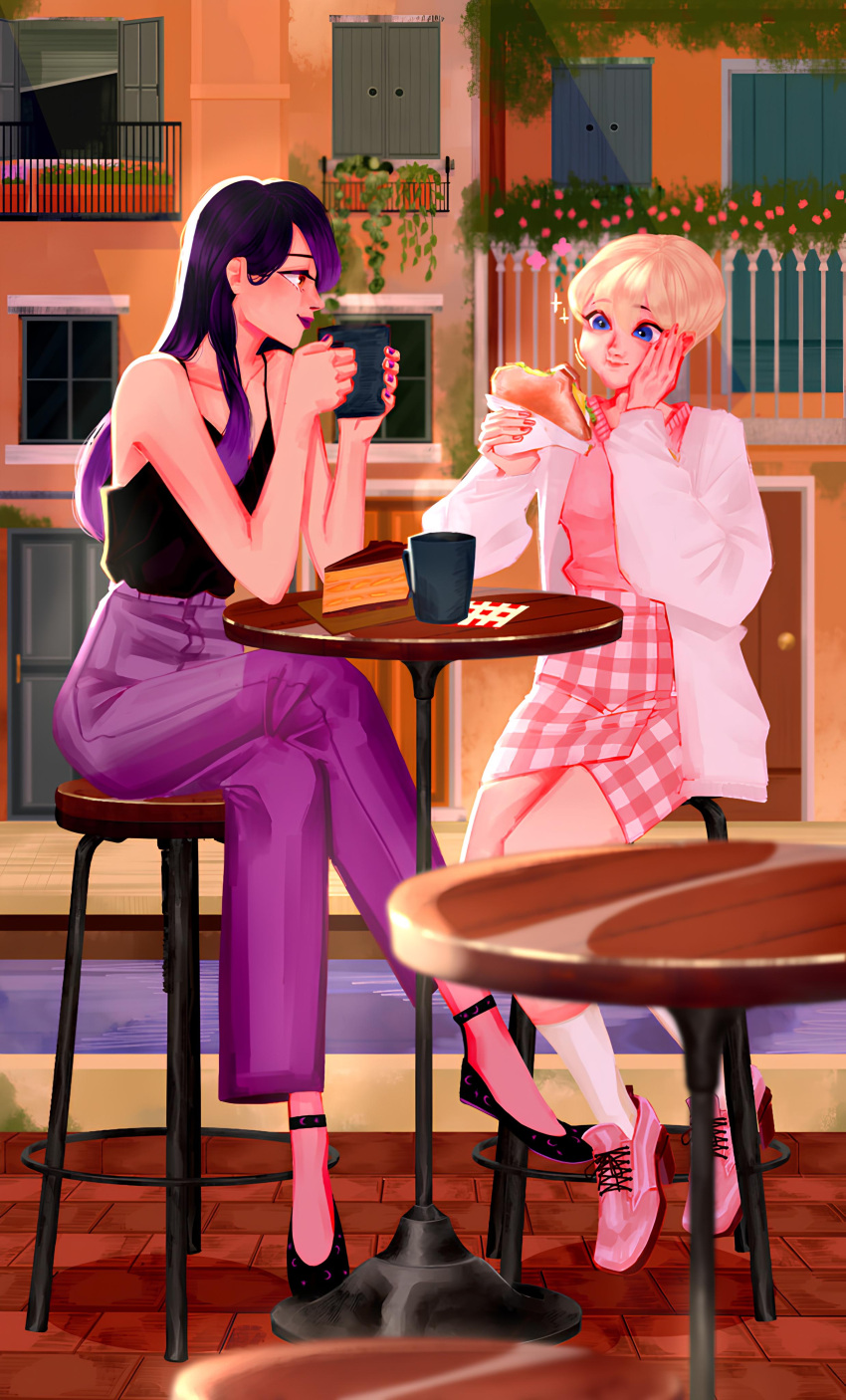 2girls, absurdres, black_hair, blue_eyes, brown_eyes, cake, city, colored_tips