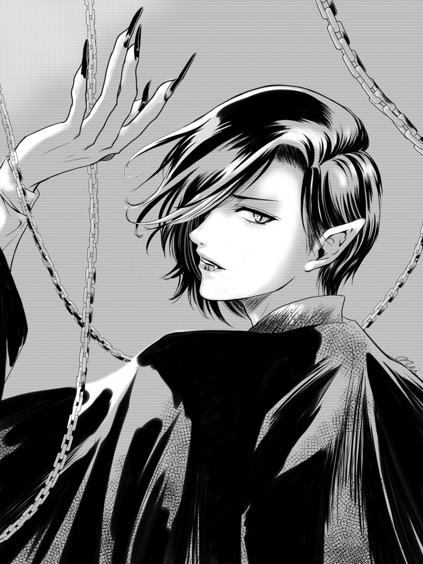 1boy, absurdres, baban_baban_ban_vampire, cape, chain, grey_background, greyscale, hair_over_one_eye
