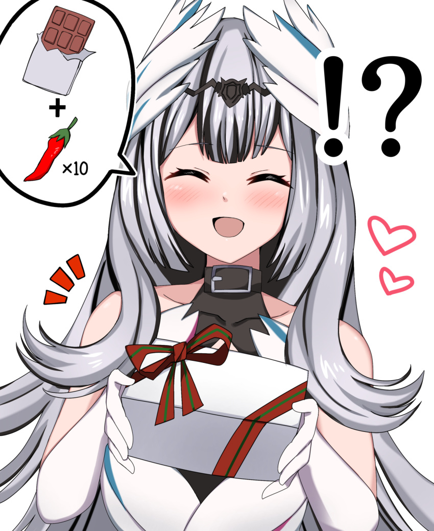 1girl, absurdres, black_choker, candy, chili_pepper, chocolate, chocolate_bar, choker, elbow_gloves, facing_viewer, feather_dress, feather_hair_ornament, feathers, fire_emblem, fire_emblem_engage, food, gloves, hair_ornament, heart, highres, multicolored_hair, open_mouth, petite, solo, split-color_hair, toshima19699496, two-tone_hair, valentine, veyle_(fire_emblem), wavy_hair, wing_hair_ornament