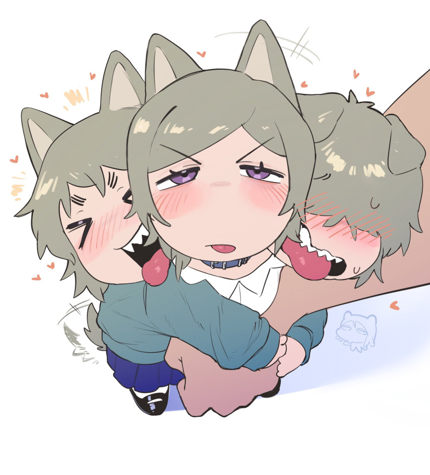 >_<, aged_down, animal_ears, blush, brown_hair, cerberus, collar, conjoined