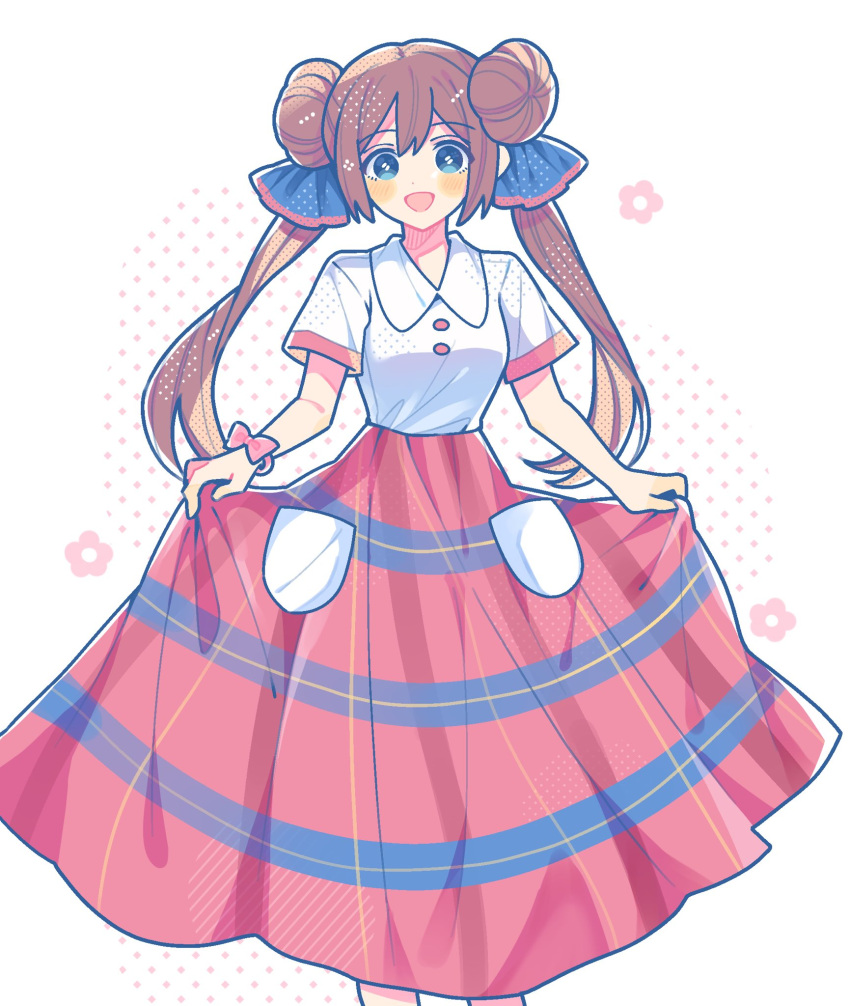 :d, alternate_costume, blue_eyes, clothes_lift, collared_shirt, commentary_request, donut_hair_bun, double_bun