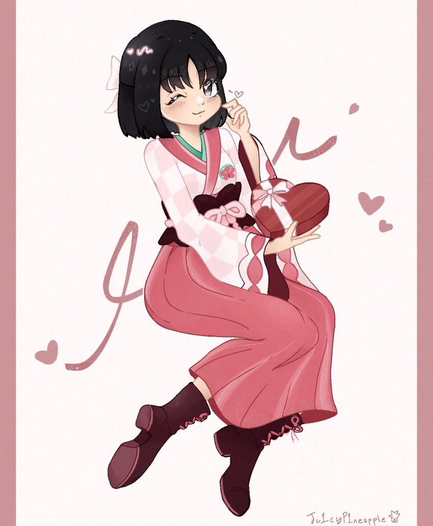 1girl, artist_name, black_boots, black_eyes, black_hair, box, closed_mouth, commentary