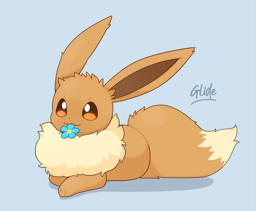 :3, animal_focus, animal_hands, blue_background, blue_flower, bright_pupils, brown_eyes, brown_fur