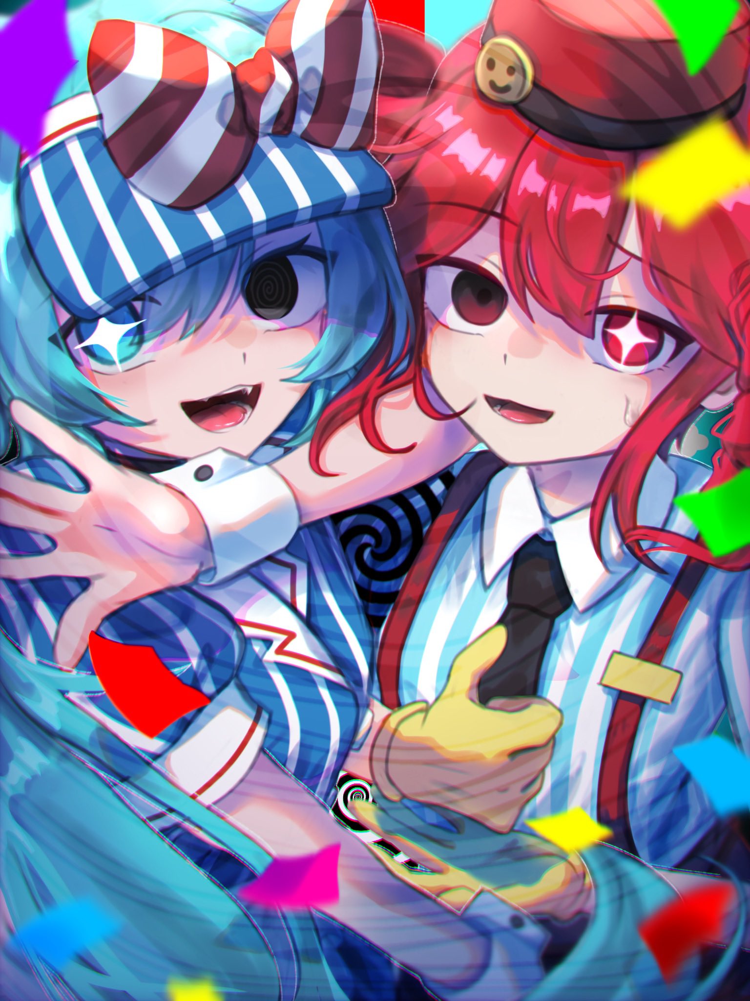 2girls, black_eyes, black_gloves, black_necktie, blue_dress, blue_eyes, bow, collared_shirt