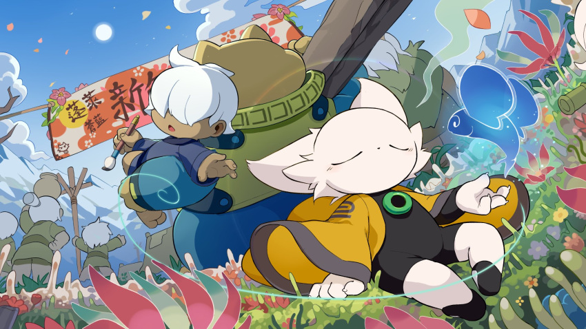 1girl, 2others, 4boys, blue_sky, cat_boy, chinese_clothes, closed_eyes, dark-skinned_male