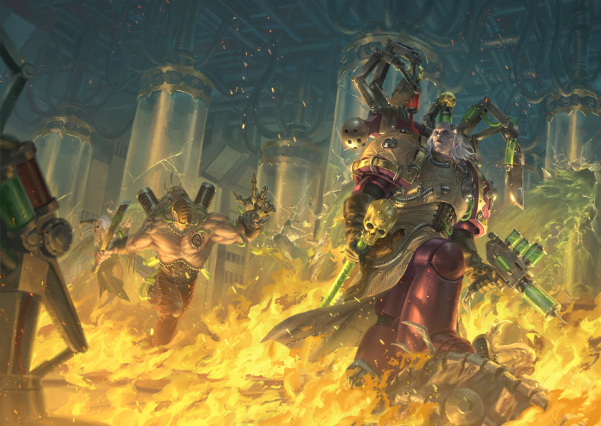 4boys, adeptus_astartes, apothecary_(warhammer_40k), armor, balding, broken_glass, cane, chaos_space_marine