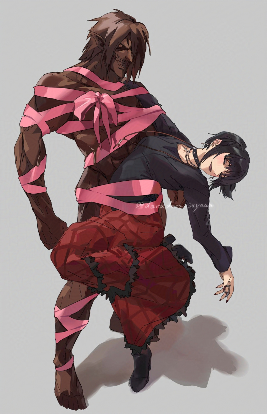 1girl, black_choker, black_hair, black_lips, black_nails, black_shirt, blush, chocolate_statue