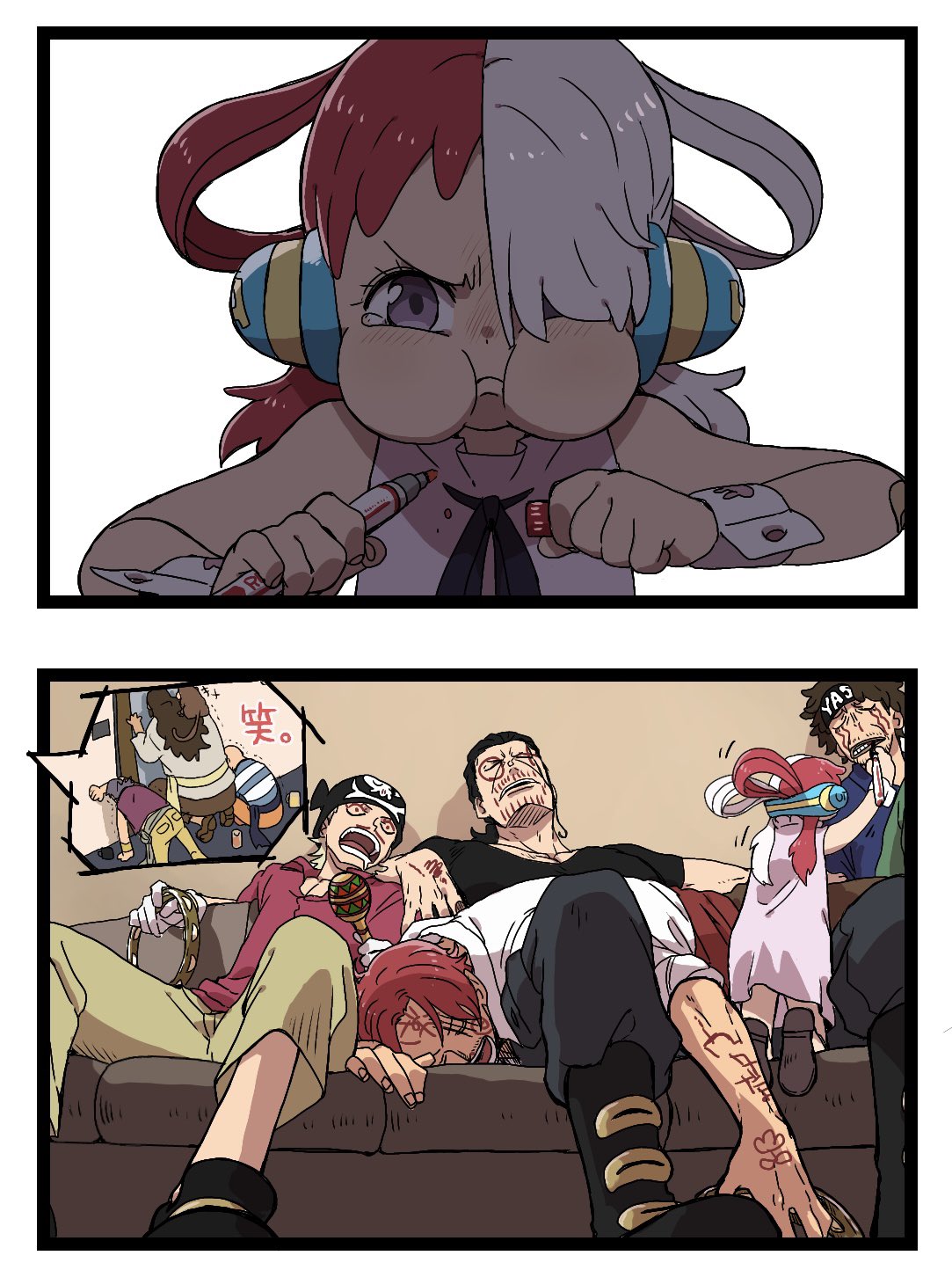1girl, 6+boys, aged_down, animal_on_shoulder, bald, beard_stubble, benn_beckman, black_shirt